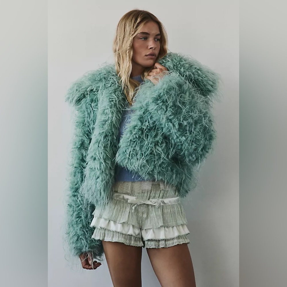 Free People Mint Green Feathered Faux Fur Jacket